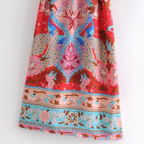 SOLD OUT Bohemian Red Peacock Floral Gypsy Kimono Long Maxi Coverup Duster Robe - Picture 10 of 11
